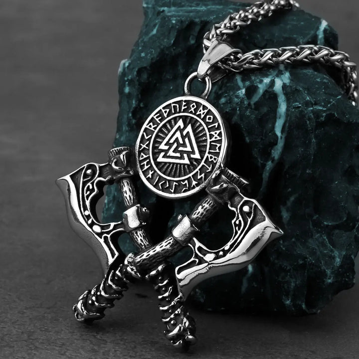 Valknut Double Axe Viking Pendant with Runes Necklace