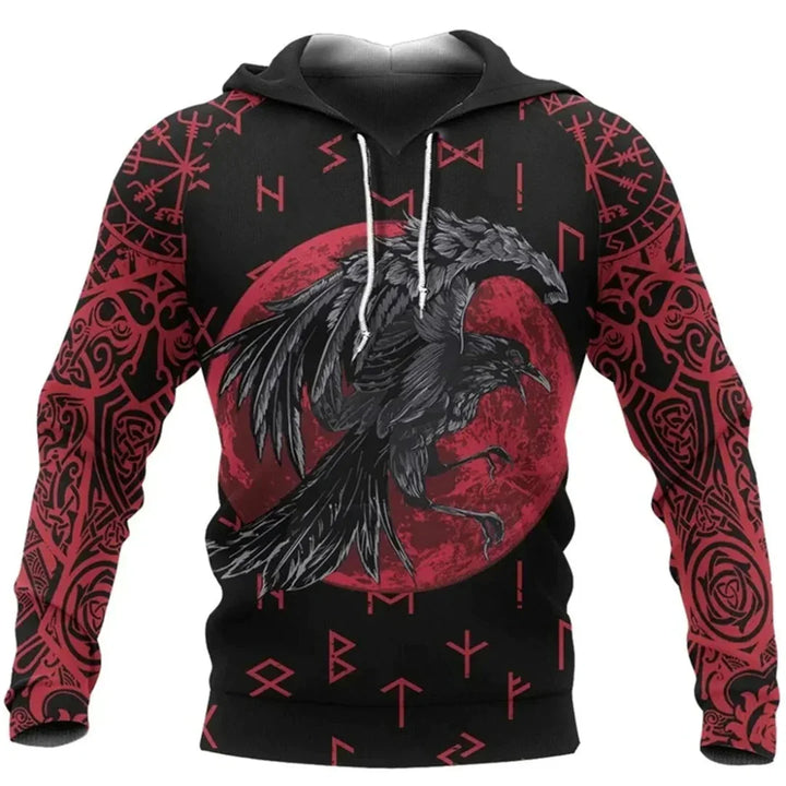 Black and Red Raven and Rune Viking Hoodie