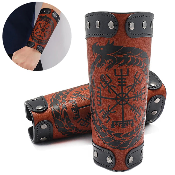 2 x Viking Wrist Guards – Brown Bracers with Vegvisir Compass & Jörmungandr