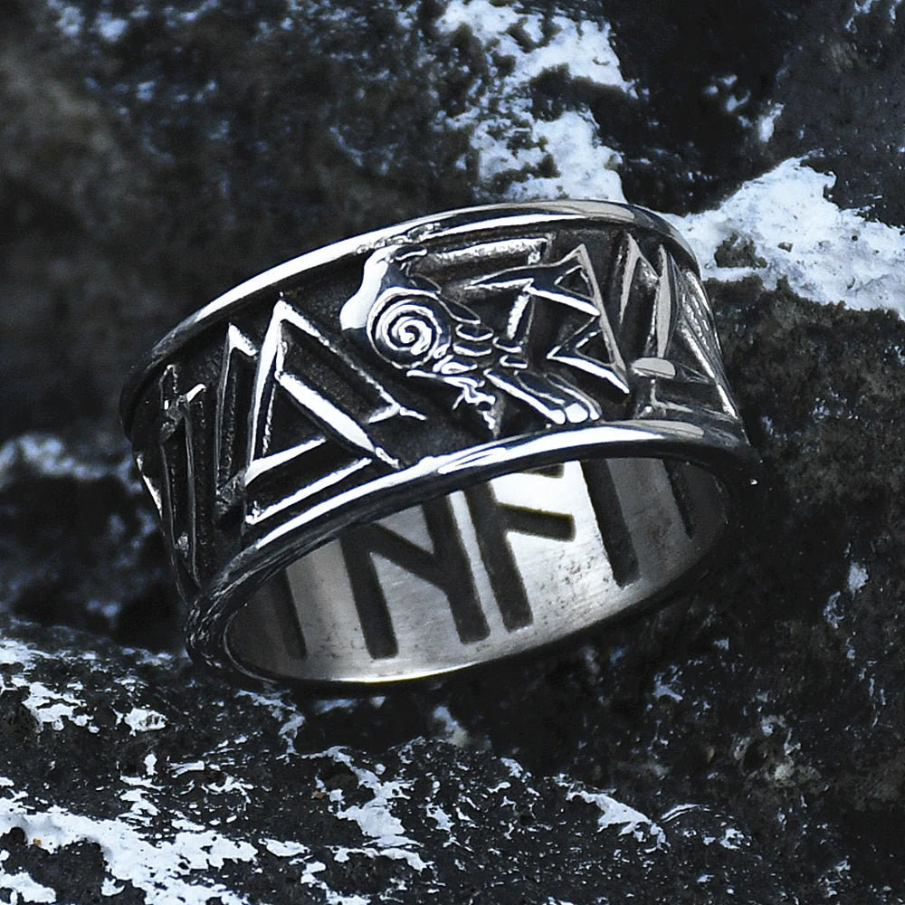 Odin Valknut Raven Ring - Stainless Steel Norse Rune Band