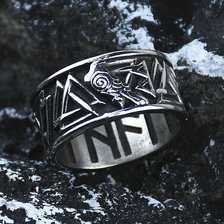 Odin Valknut Raven Ring - Stainless Steel Norse Rune Band