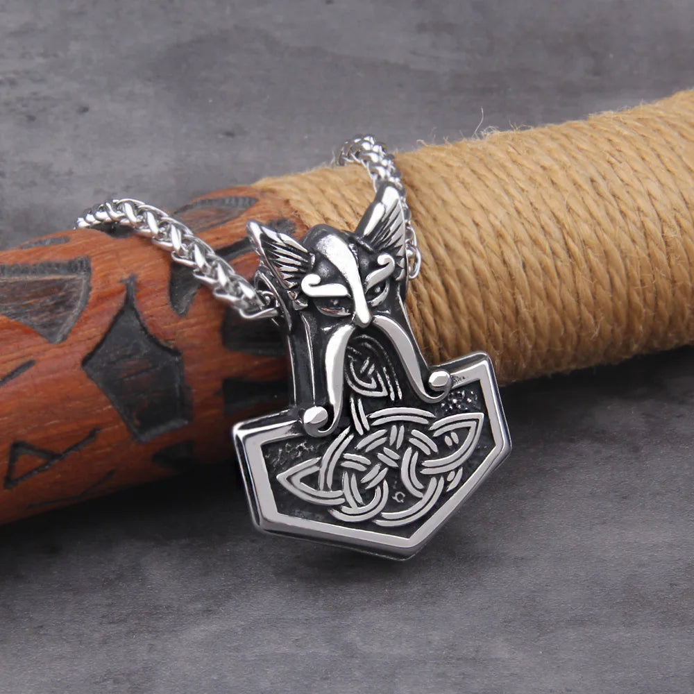 Mjolnir Necklace with Cross & Celtic Knot Design - Thor Viking Pendant