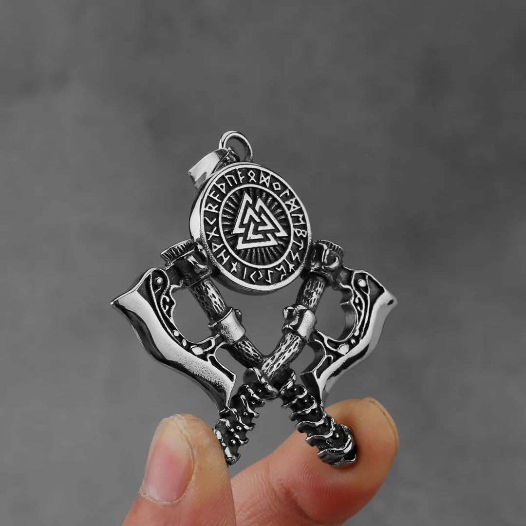 Valknut Double Axe Viking Pendant with Runes Necklace