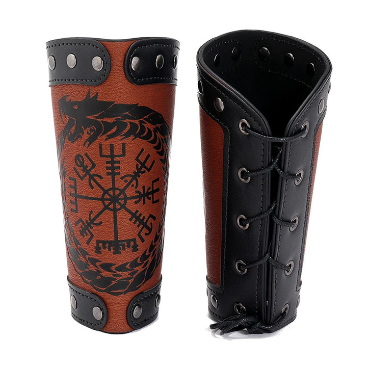 2 x Viking Wrist Guards – Brown Bracers with Vegvisir Compass & Jörmungandr