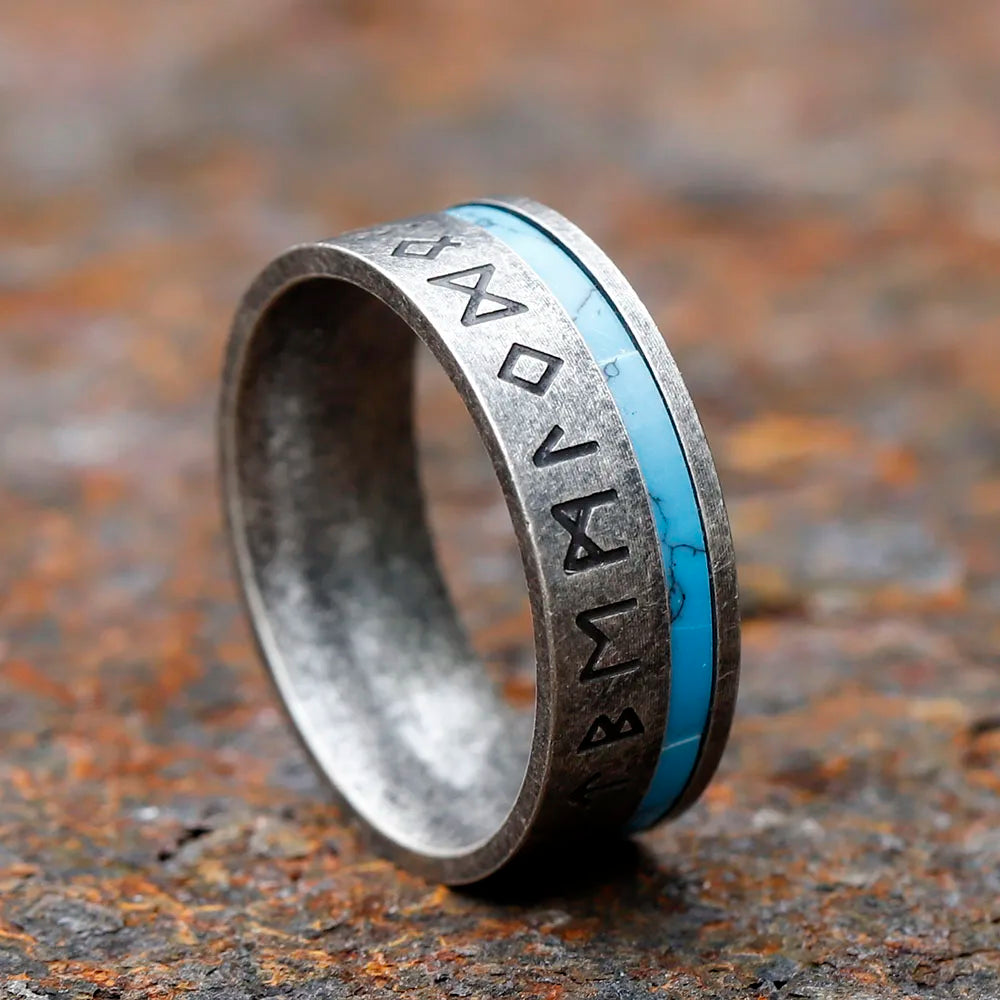 Steel Viking Ring - Rune Symbols with Light Blue Strip