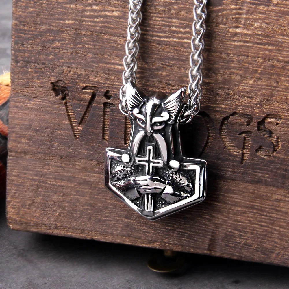 Mjolnir Necklace with Cross & Celtic Knot Design - Thor Viking Pendant