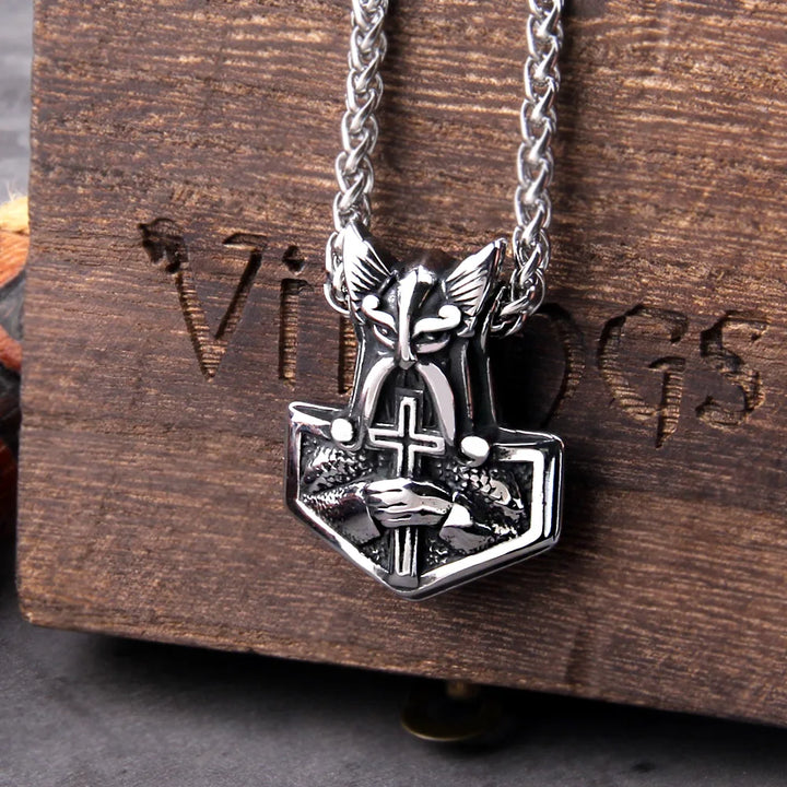 Mjolnir Necklace with Cross & Celtic Knot Design - Thor Viking Pendant