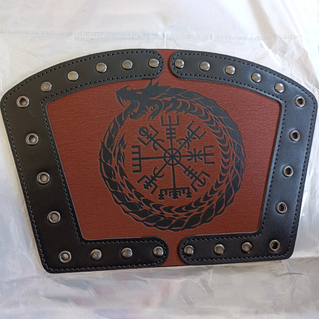 2 x Viking Wrist Guards – Brown Bracers with Vegvisir Compass & Jörmungandr