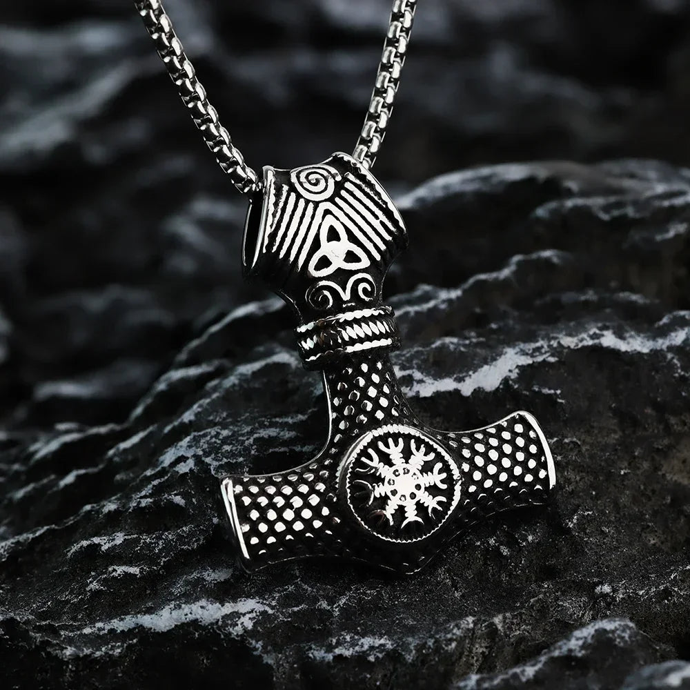 Viking Rune Titanium Steel Pendant Necklace - Thor Hammer Pendant