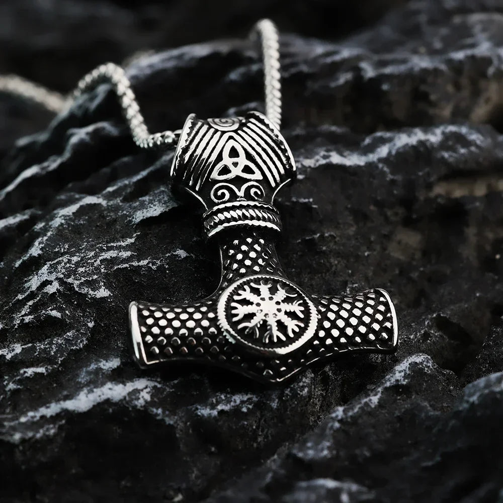 Viking Rune Titanium Steel Pendant Necklace - Thor Hammer Pendant