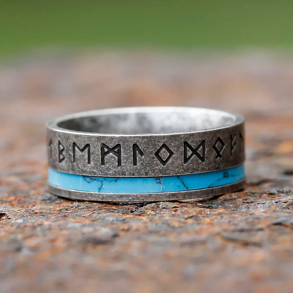 Steel Viking Ring - Rune Symbols with Light Blue Strip