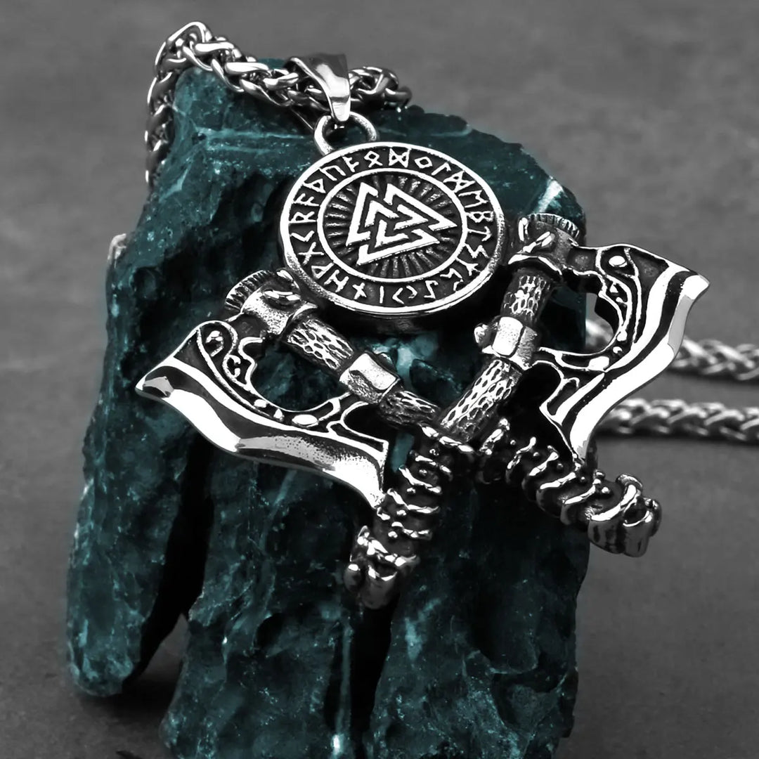 Valknut Double Axe Viking Pendant with Runes Necklace