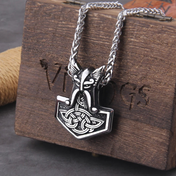 Mjolnir Necklace with Cross & Celtic Knot Design - Thor Viking Pendant
