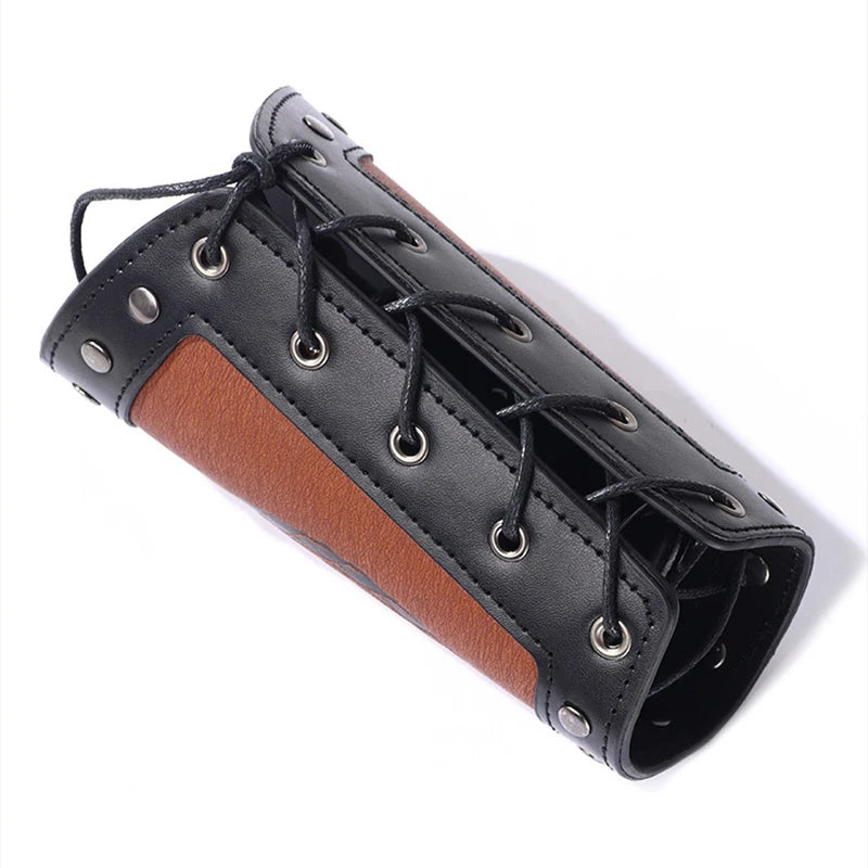 2 x Viking Wrist Guards – Brown Bracers with Vegvisir Compass & Jörmungandr