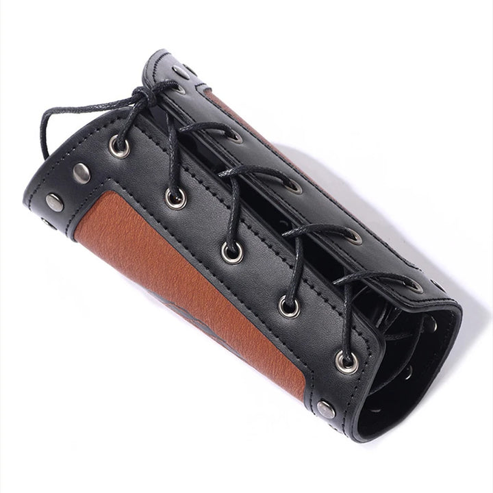 2 x Viking Wrist Guards – Brown Bracers with Vegvisir Compass & Jörmungandr