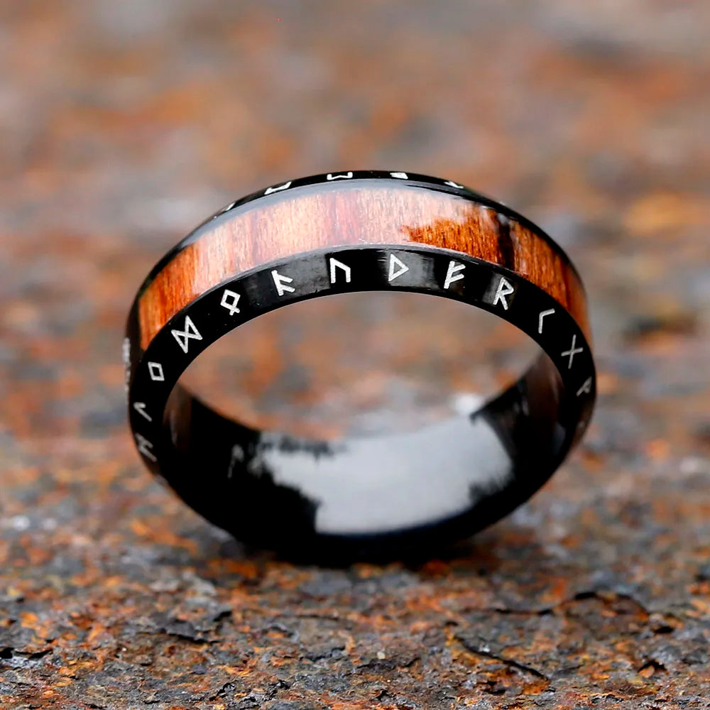 Viking Rune Ring with Wood Inlay