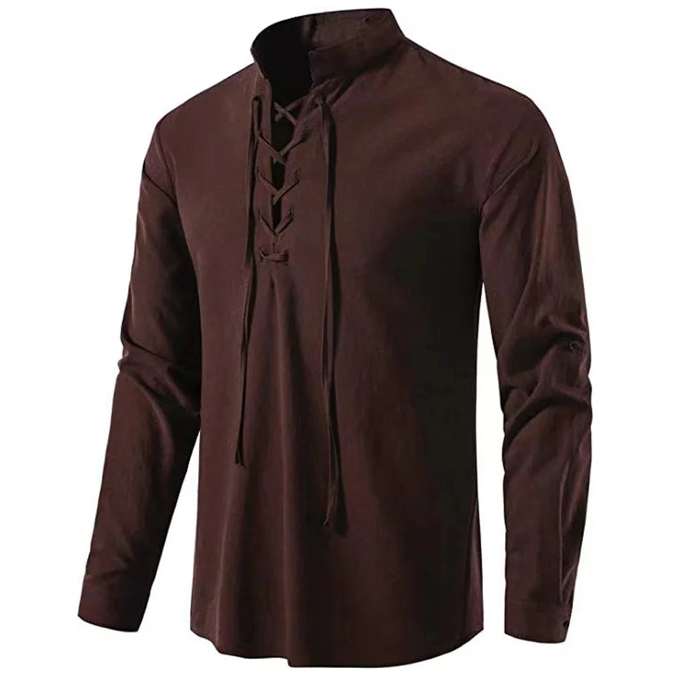 Men’s Viking Lace-Up Tunic – Nordic Medieval Cotton Linen Shirt
