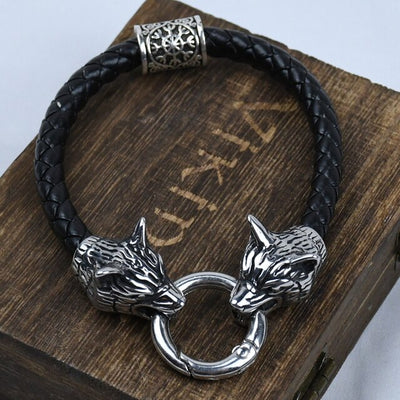 Viking Leather Bracelet - Wolf Heads with Rune Bead