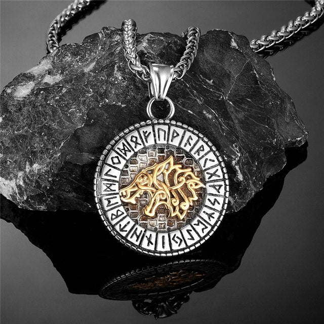 Viking Necklace - Norse Wolf In Runic Circle