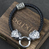 Viking Leather Bracelet - Wolf Heads with Rune Bead