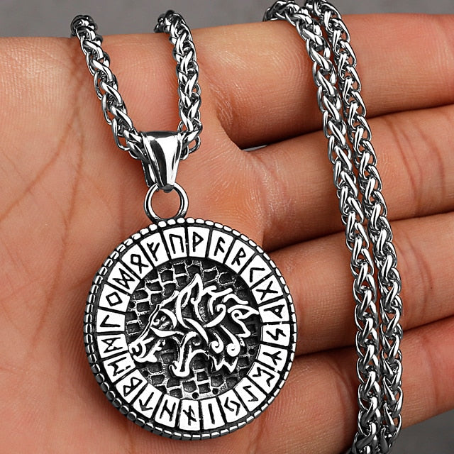 Viking Necklace - Norse Wolf In Runic Circle