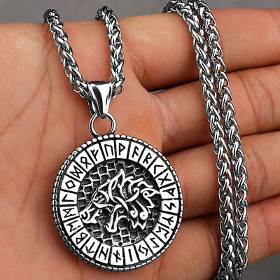 Viking Necklace - Norse Wolf In Runic Circle