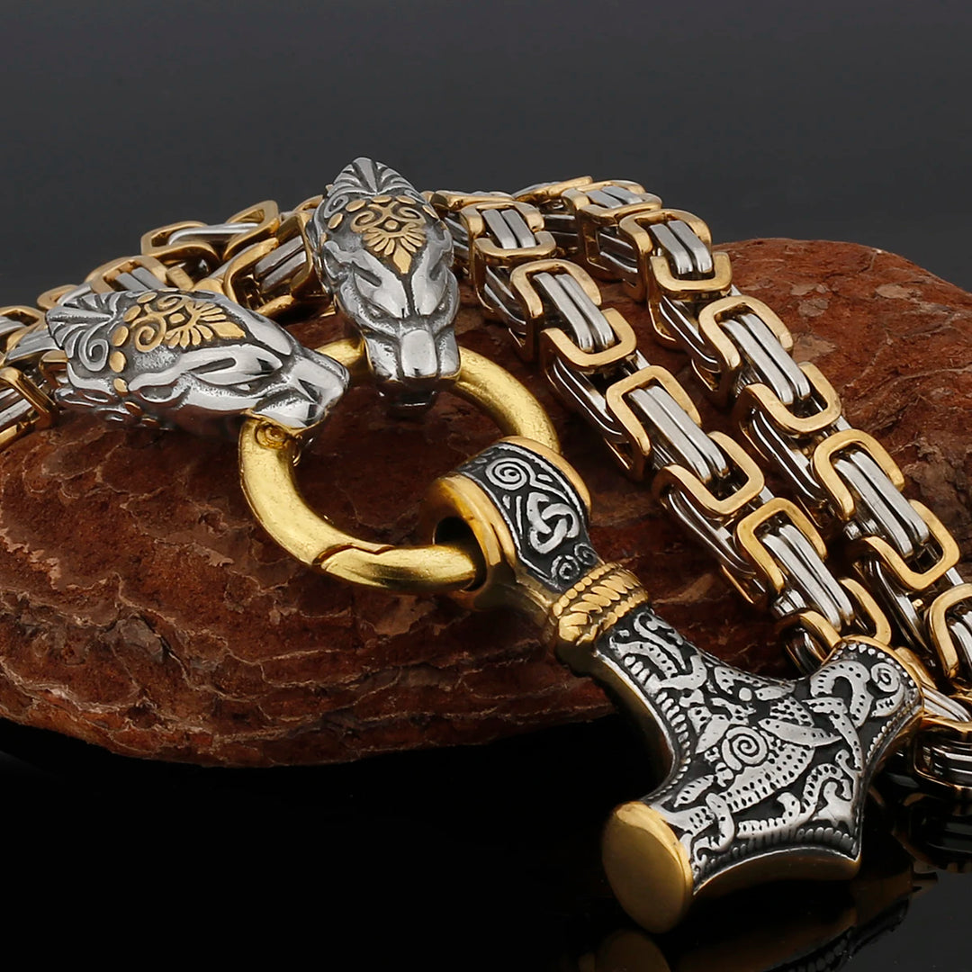 Gold Trimmed King Chain With  Twin Tiger Heads & Mjolnir Pendant