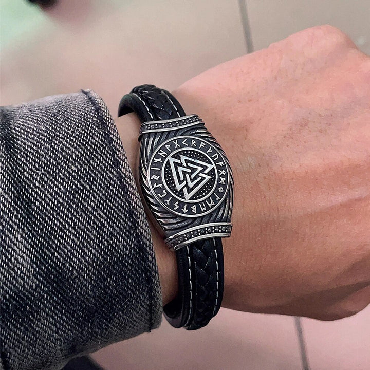Viking  Leather Bracelet - Valknut Runes