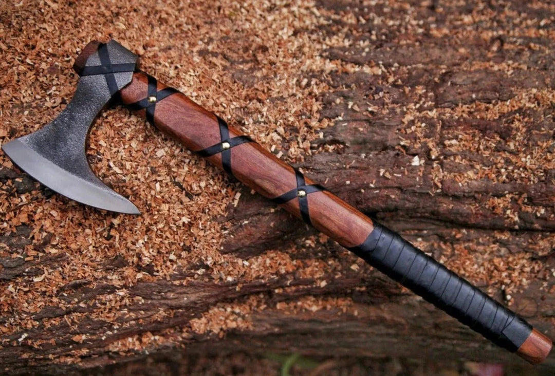 Ragnar Viking Battle Axe With Leather Wrapped Rosewood Shaft