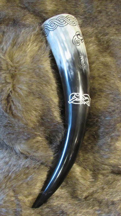 Carved Drinking Horn Featuring Viking Raven from Gotland