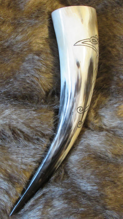 Carved Drinking Horn With Norse Ravens