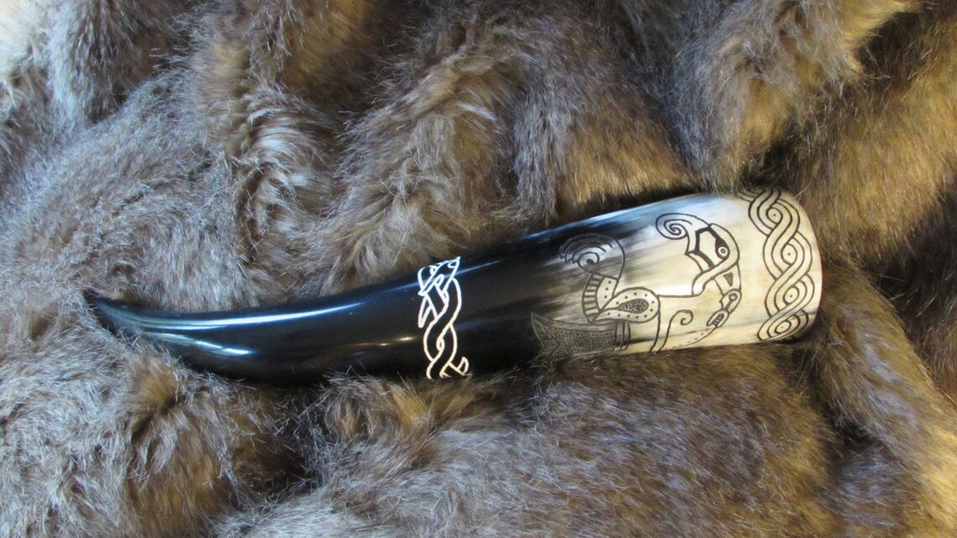 Carved Drinking Horn Featuring Viking Raven from Gotland