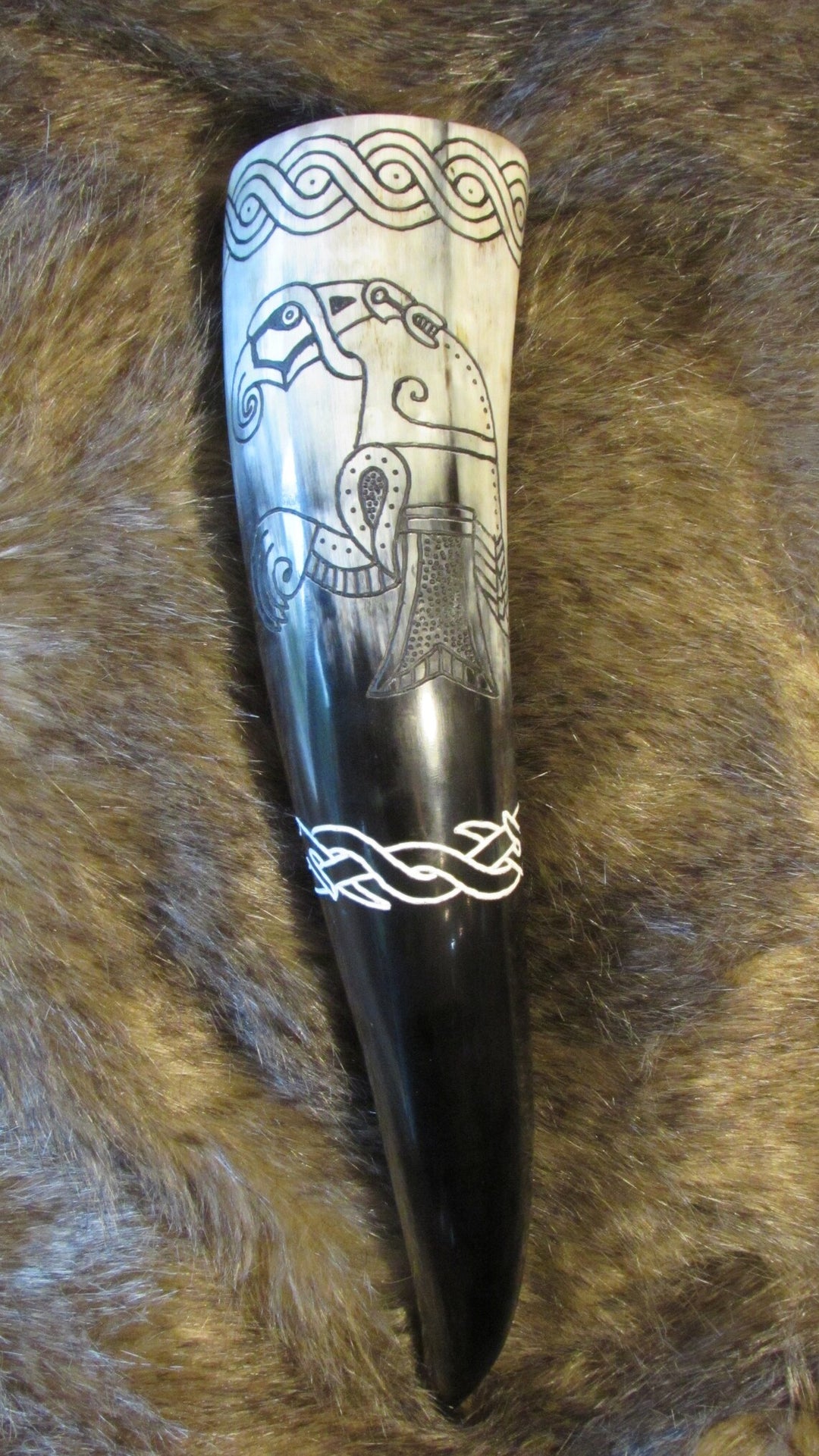 Carved Drinking Horn Featuring Viking Raven from Gotland