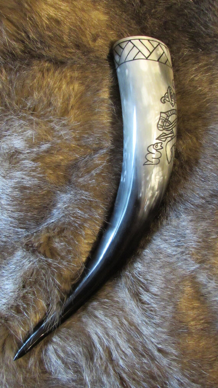 Carved Drinking Horn Featuring A Viking Warrior