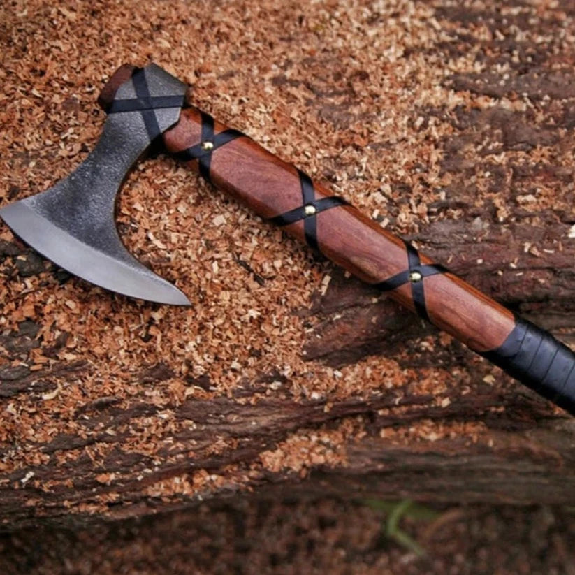 Ragnar Viking Battle Axe With Leather Wrapped Rosewood Shaft