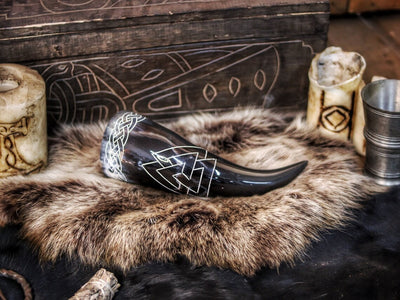 Carved Drinking Horn With Valknut Decorative Symbol