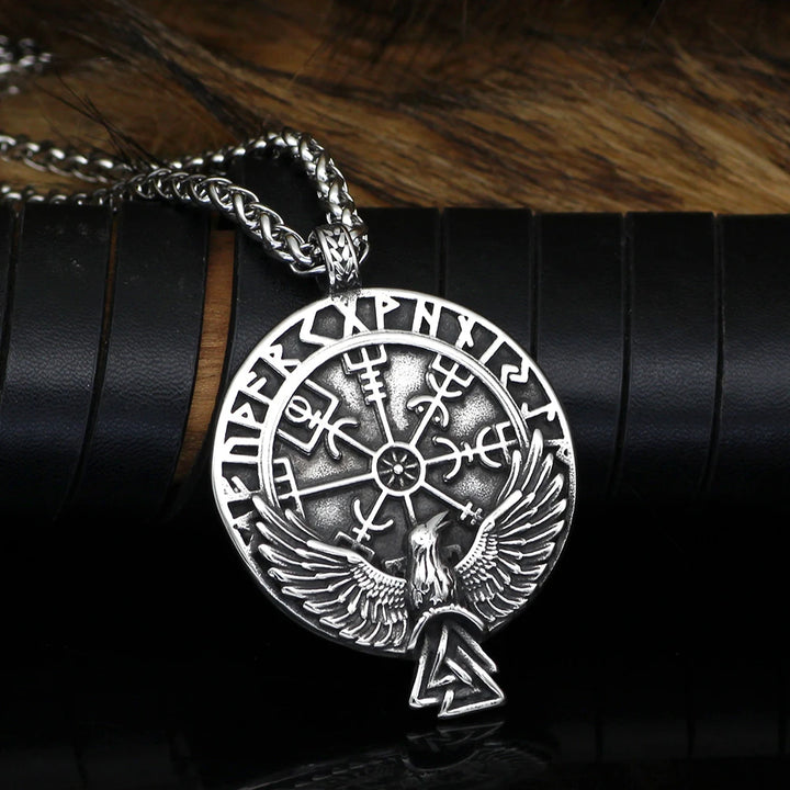 Viking Necklace - Norse Raven in Vegvisir Runes