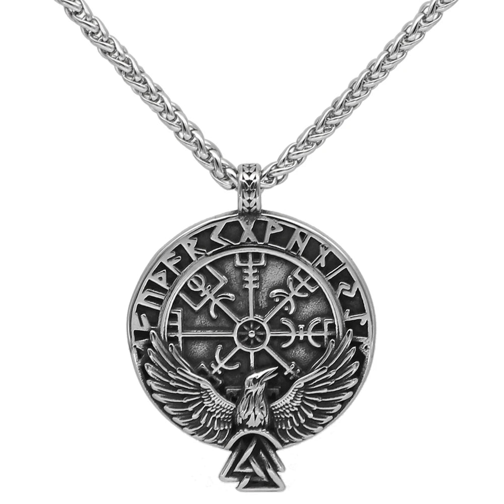 Viking Necklace - Norse Raven in Vegvisir Runes