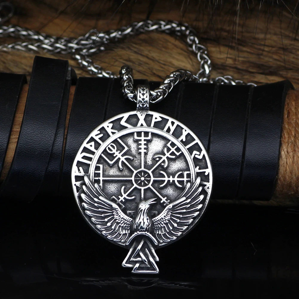 Viking Necklace - Norse Raven in Vegvisir Runes