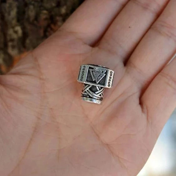 VIKING BEARD BEAD - MJOLNIR WITH VALKNUT SYMBOL