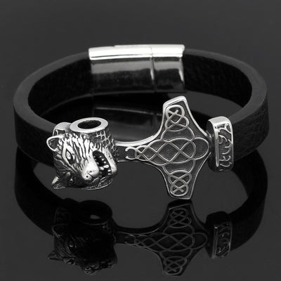 Viking Leather Bracelet - Mjolnir Wolf