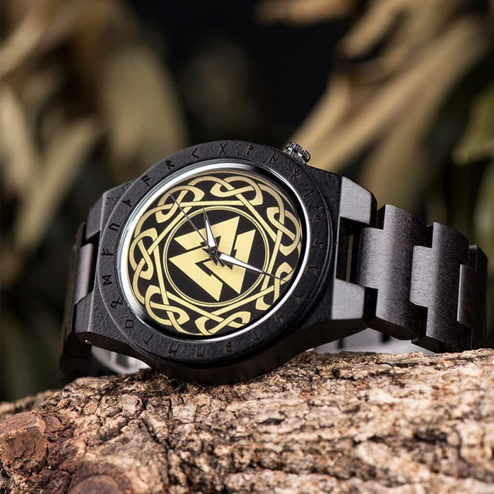 WOODEN VIKING WATCH WITH VALKNUT SYMBOL