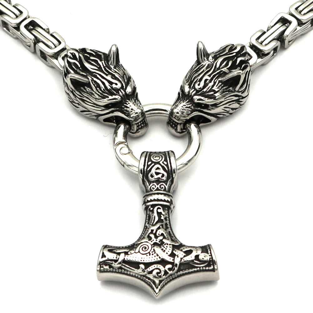 Silver King Chain With Mjolnir Pendant Held By Wolves Heads