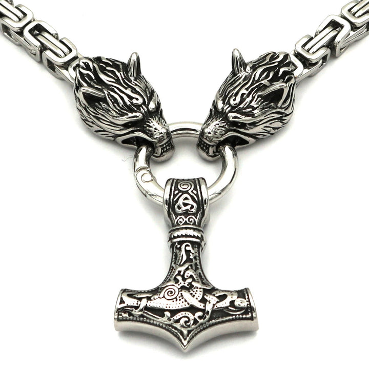 Silver King Chain With Mjolnir Pendant Held By Wolves Heads
