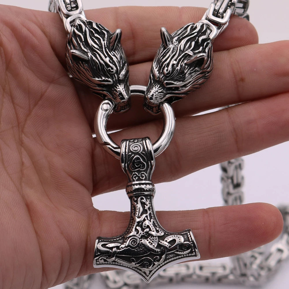 Silver King Chain With Mjolnir Pendant Held By Wolves Heads