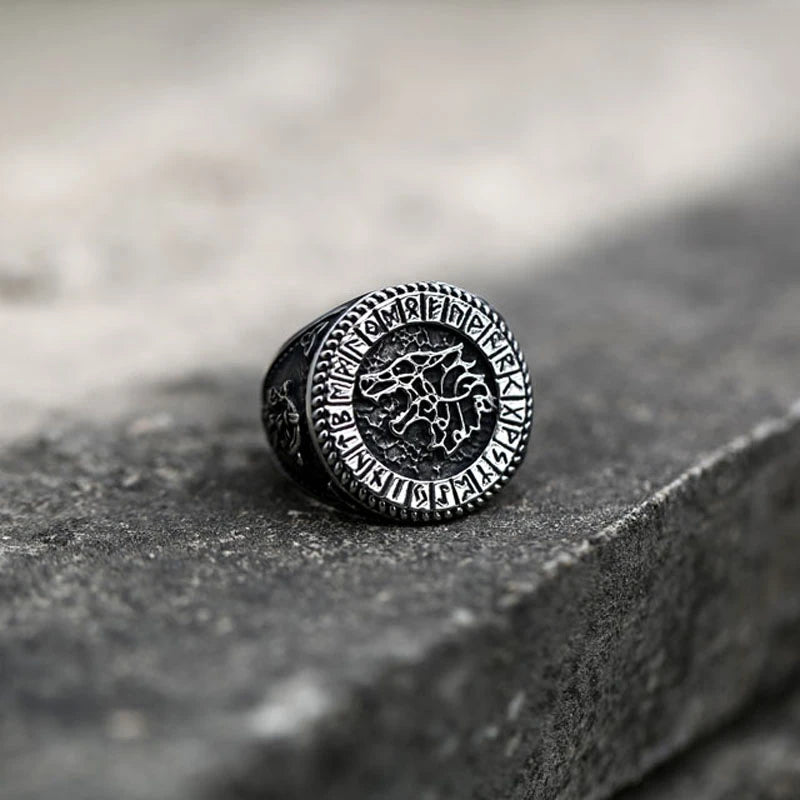 Viking Ring - Fenrir in Runic Circle