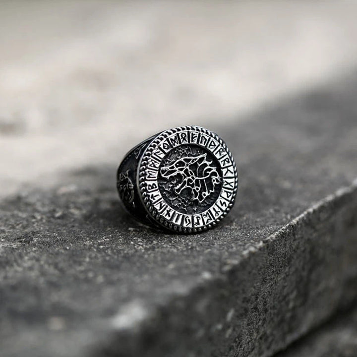 Viking Ring - Fenrir in Runic Circle