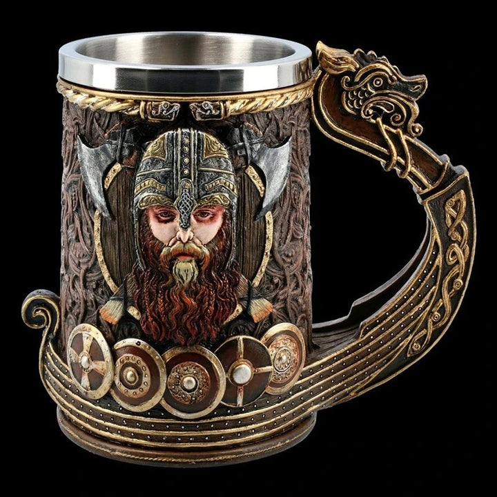 Viking Tankard Mug - Drakkar Dragon Ship Mug Featuring Norse God Odin