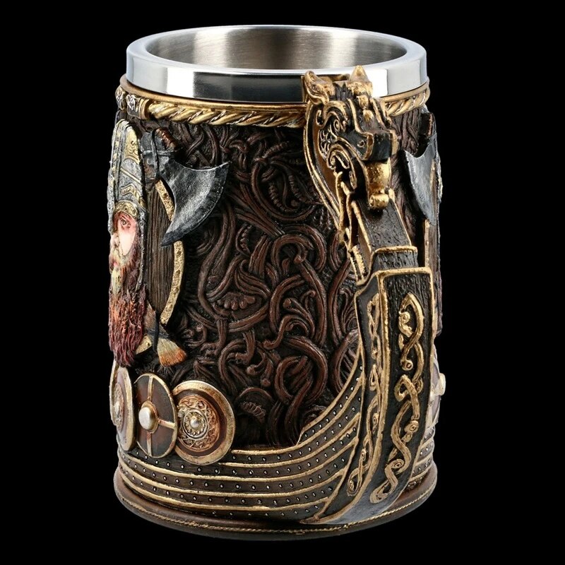 Viking Tankard Mug - Drakkar Dragon Ship Mug Featuring Norse God Odin