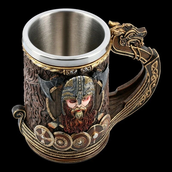 Viking Tankard Mug - Drakkar Dragon Ship Mug Featuring Norse God Odin